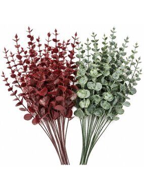 24 Artificial Eucalyptus Stems, Burgundy Sage Green Faux Greenery, Wedding Bouqu